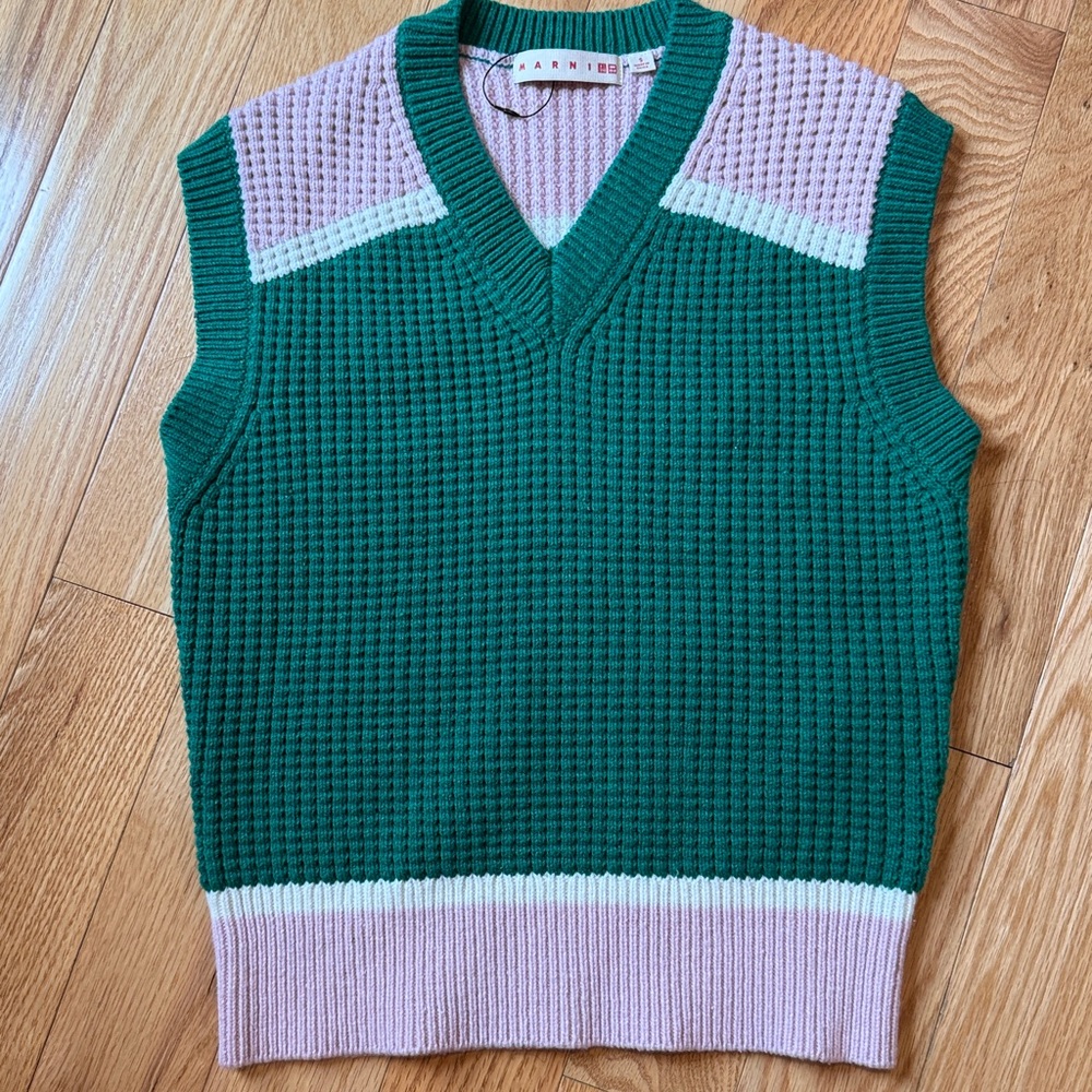Marni x Uniqlo, Green Pink Wool Blend Waffle Knit Chunky Sweater Vest,Sz. Small